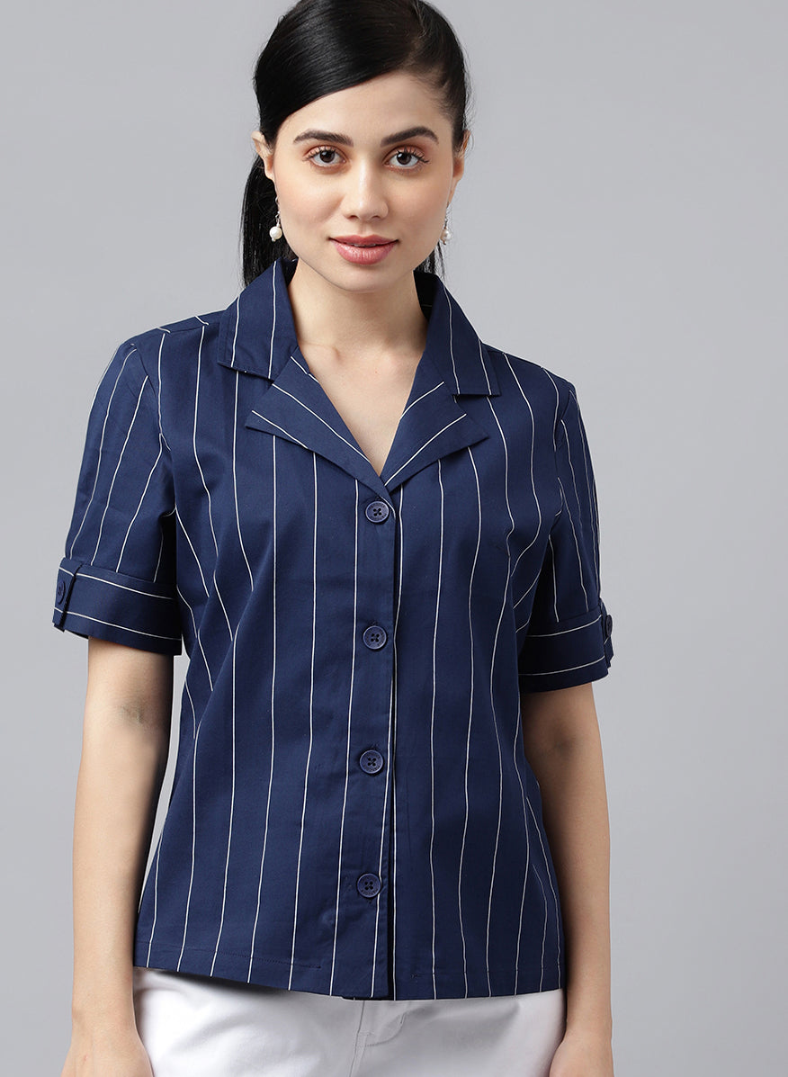 Women Navy Blue Stripe Pure Cotton Lapel Collar Regular Fit Formal Shirt
