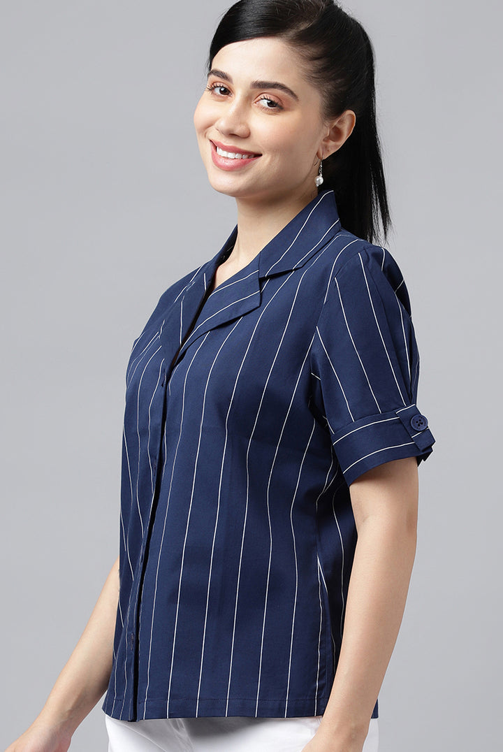 Women Navy Blue Stripe Pure Cotton Lapel Collar Regular Fit Formal Shirt