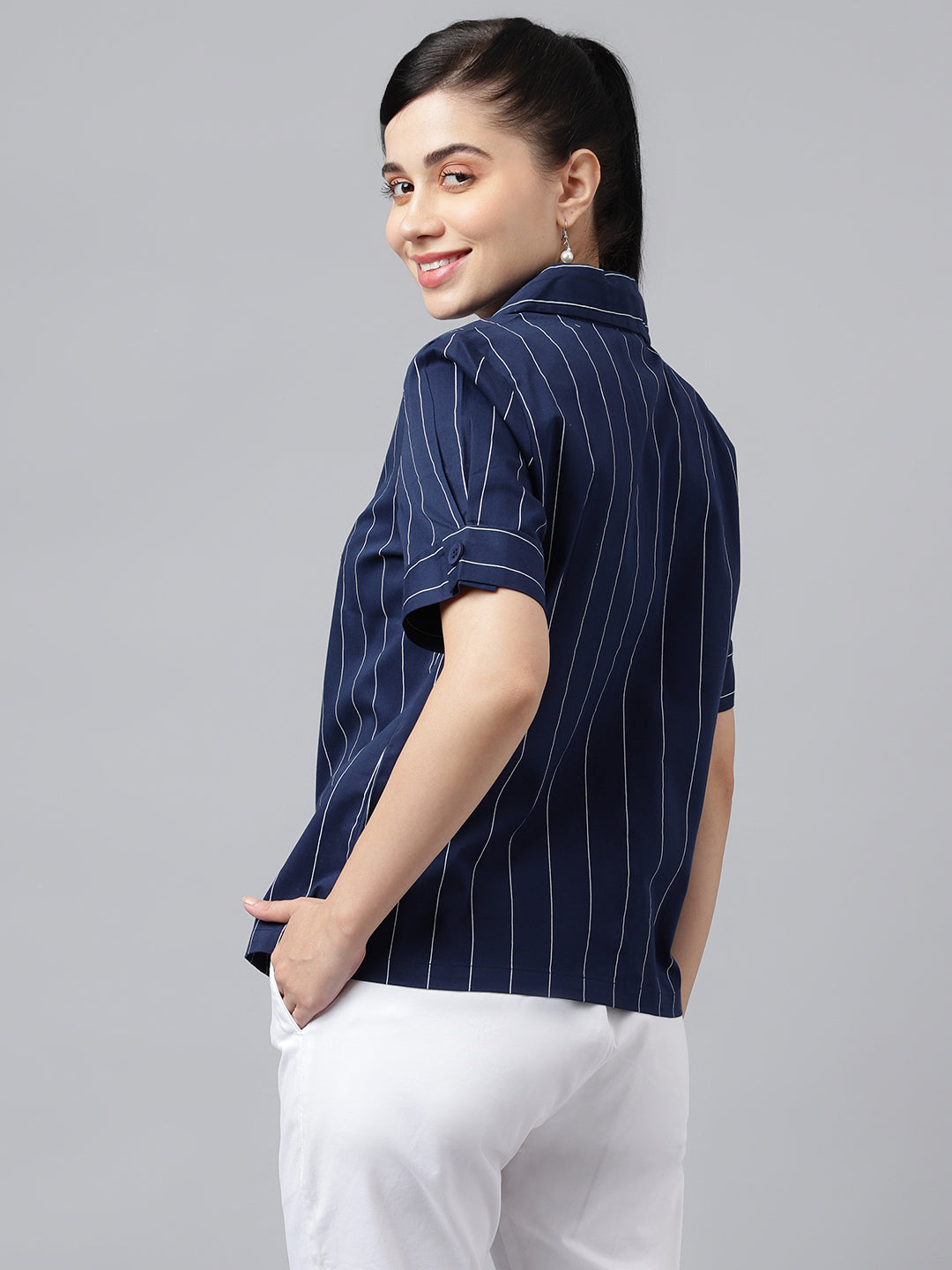 Women Navy Blue Stripe Pure Cotton Lapel Collar Regular Fit Formal Shirt