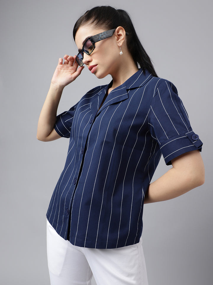 Women Navy Blue Stripe Pure Cotton Lapel Collar Regular Fit Formal Shirt