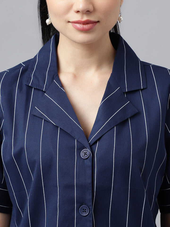 Women Navy Blue Stripe Pure Cotton Lapel Collar Regular Fit Formal Shirt