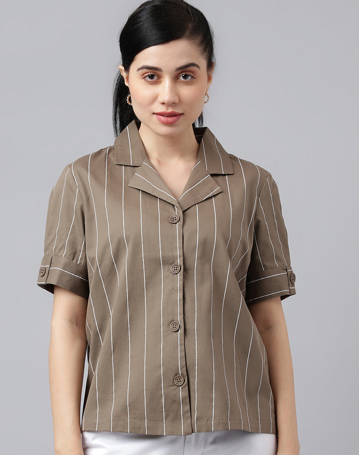 Women Olive Stripe Pure Cotton Lapel Collar Regular Fit Formal Shirt