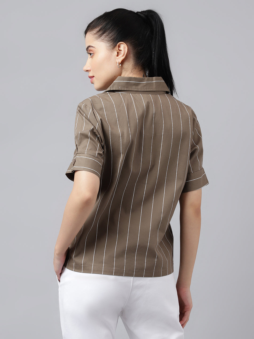 Women Olive Stripe Pure Cotton Lapel Collar Regular Fit Formal Shirt