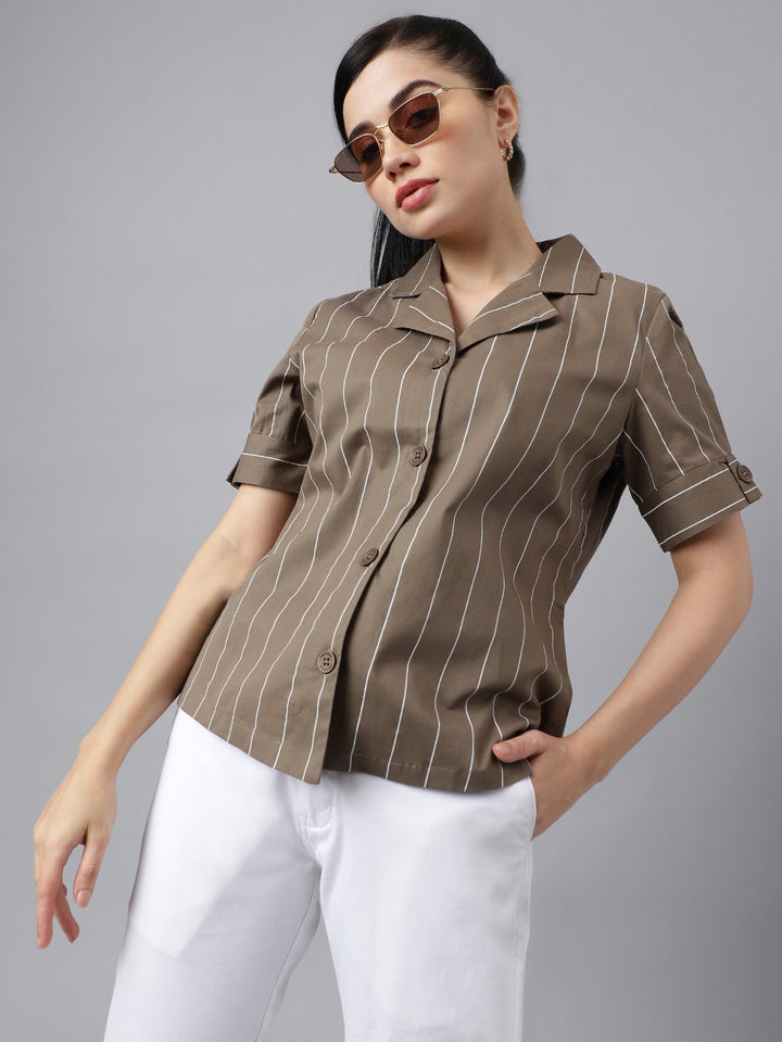 Women Olive Stripe Pure Cotton Lapel Collar Regular Fit Formal Shirt