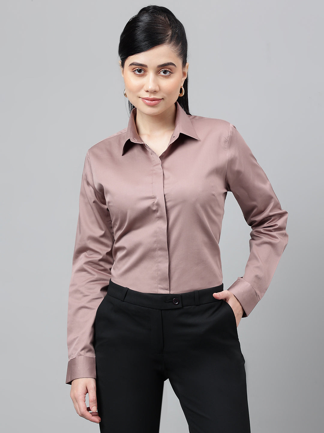 Women Dusty mauve Solid Cotton Satin Regular Fit Formal Shirt