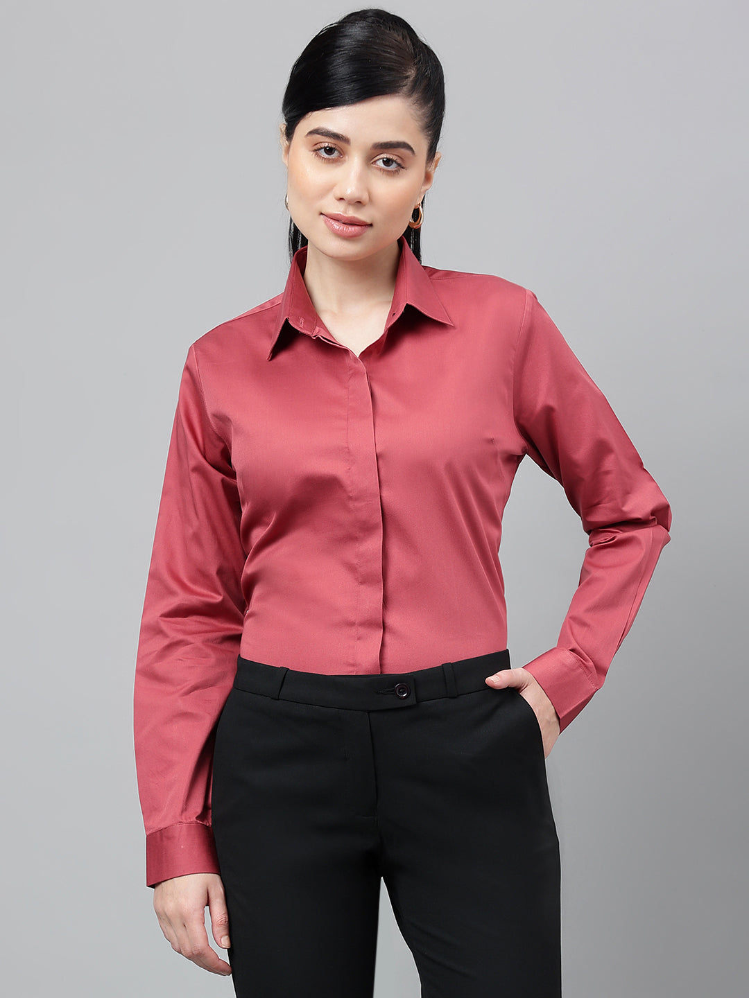 Women Grape Solid Cotton Satin Regular Fit Formal Shirt