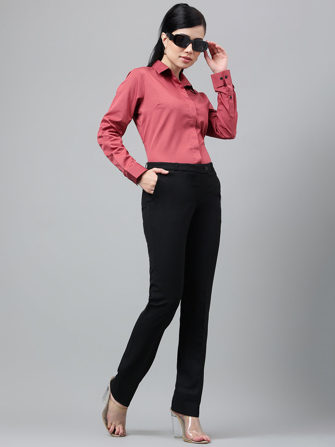 Women Grape Solid Cotton Satin Regular Fit Formal Shirt