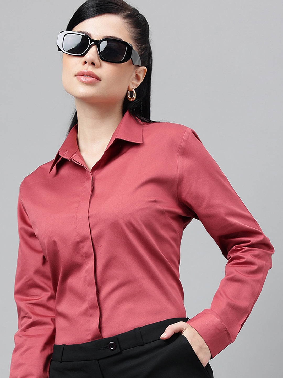 Women Grape Solid Cotton Satin Regular Fit Formal Shirt
