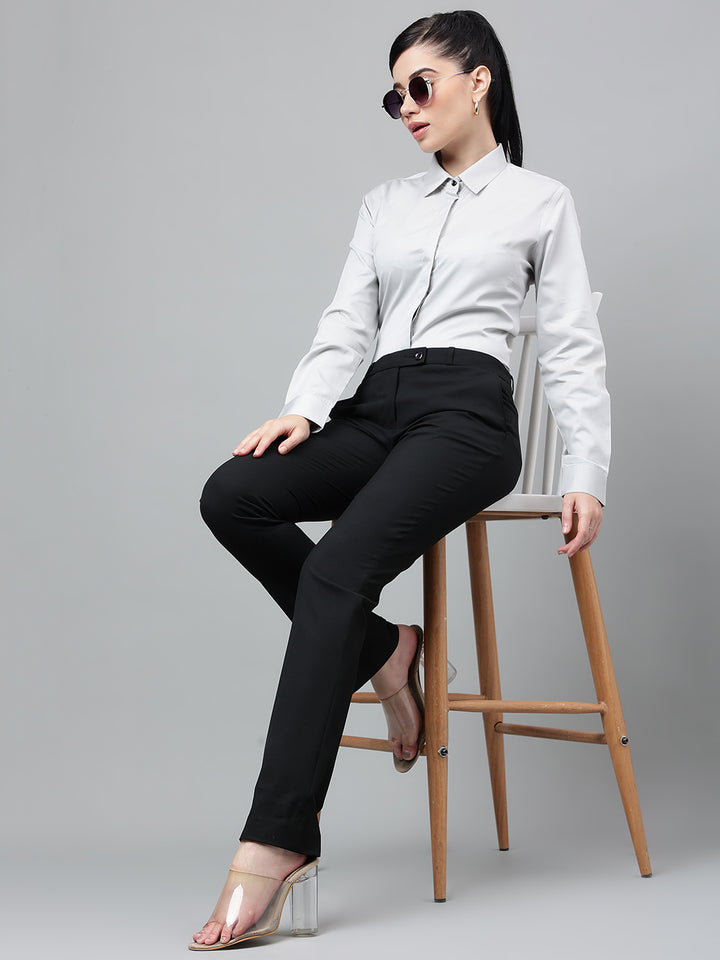 Women Light Grey Solid CottonSatin Regular Fit Formal Shirt