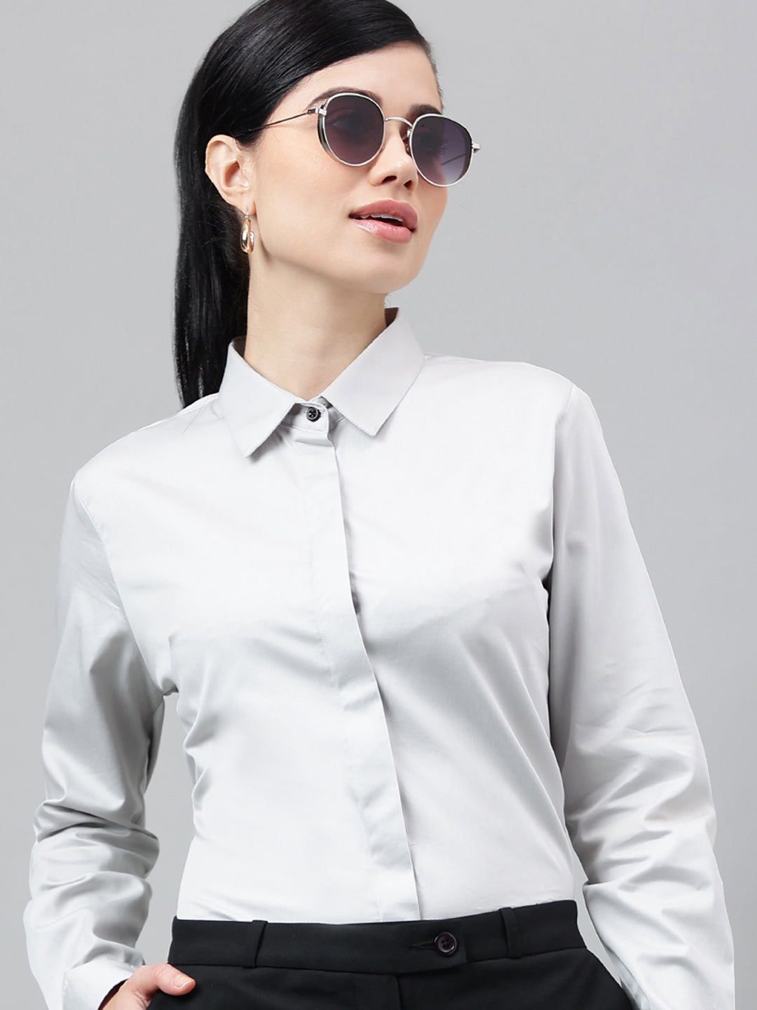 Women Light Grey Solid CottonSatin Regular Fit Formal Shirt