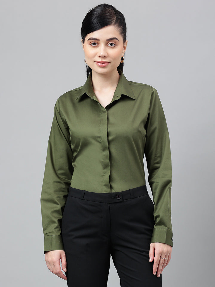 Women Olive Solid Cotton Satin Regular Fit Formal Shirt