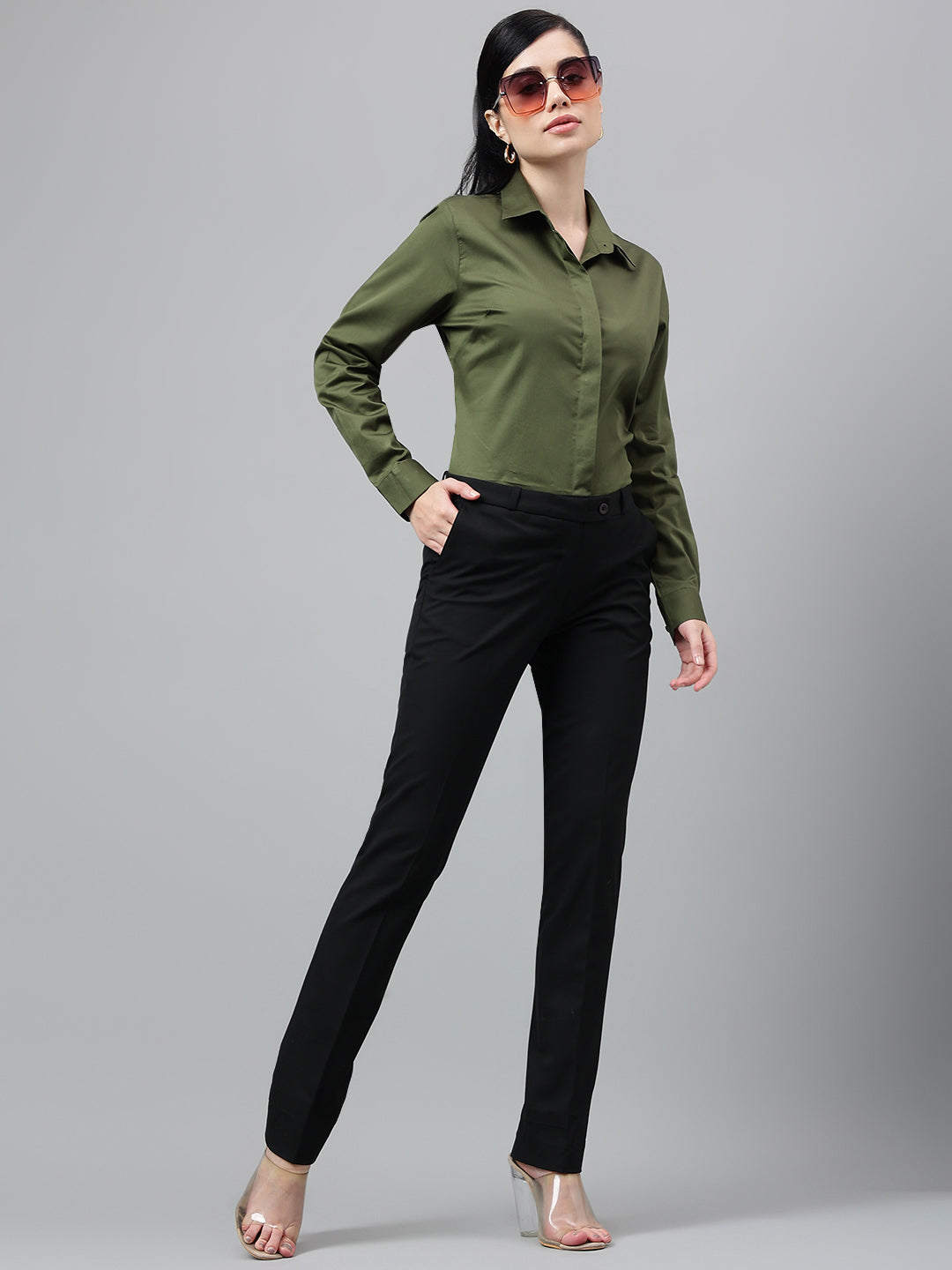 Women Olive Solid Cotton Satin Regular Fit Formal Shirt