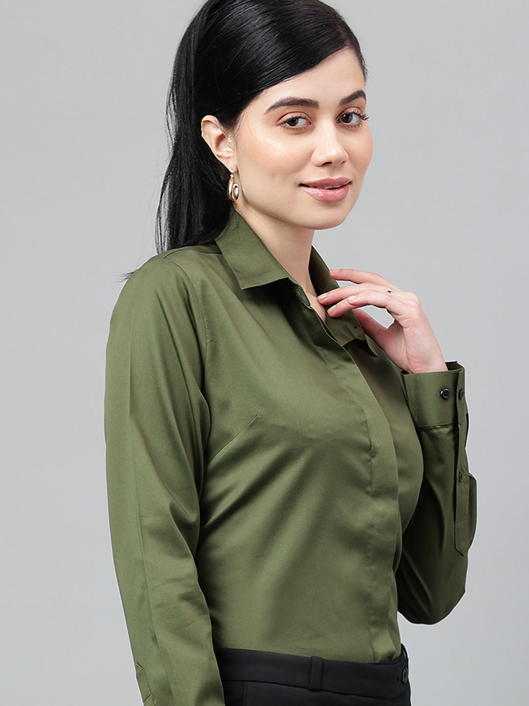 Women Olive Solid Cotton Satin Regular Fit Formal Shirt