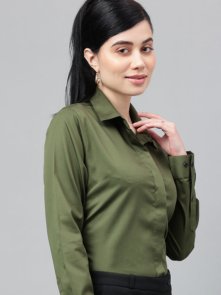 Women Olive Solid Cotton Satin Regular Fit Formal Shirt
