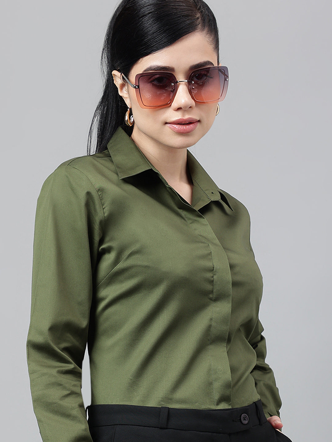 Women Olive Solid Cotton Satin Regular Fit Formal Shirt