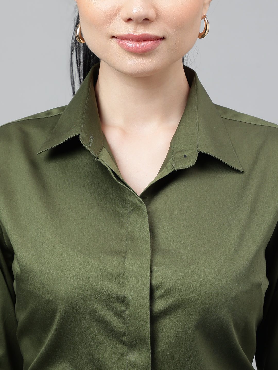 Women Olive Solid Cotton Satin Regular Fit Formal Shirt