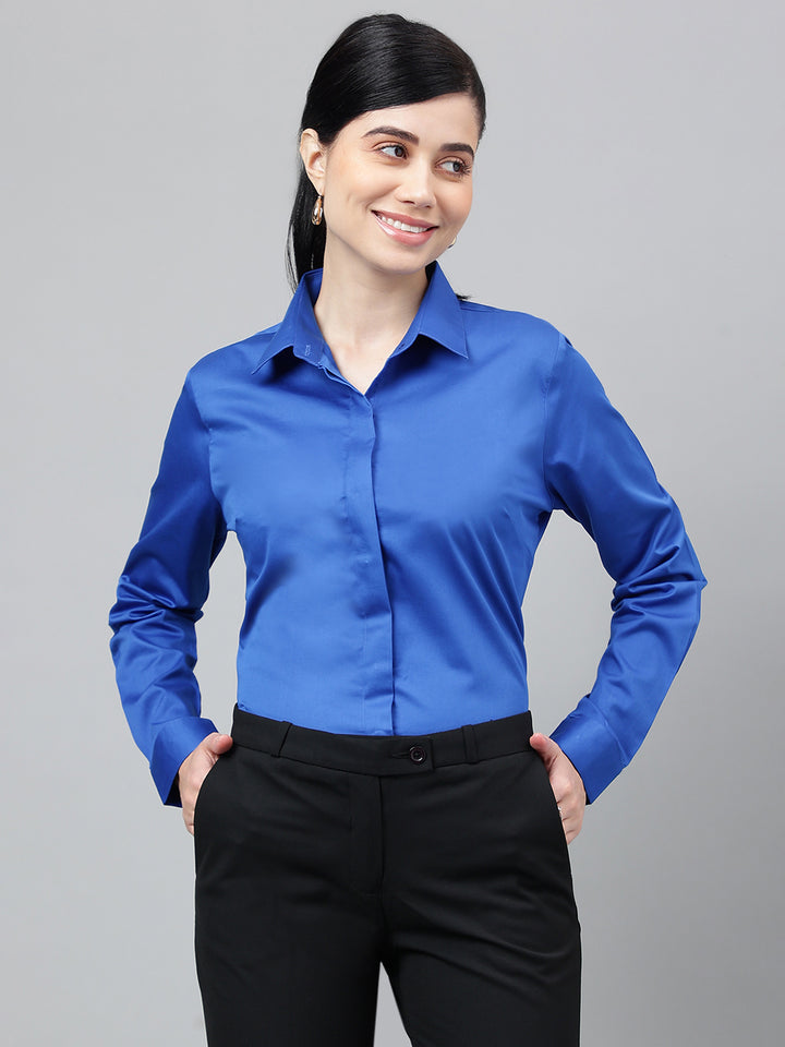 Women Royal Blue Solid Cotton Satin Regular Fit Formal Shirt