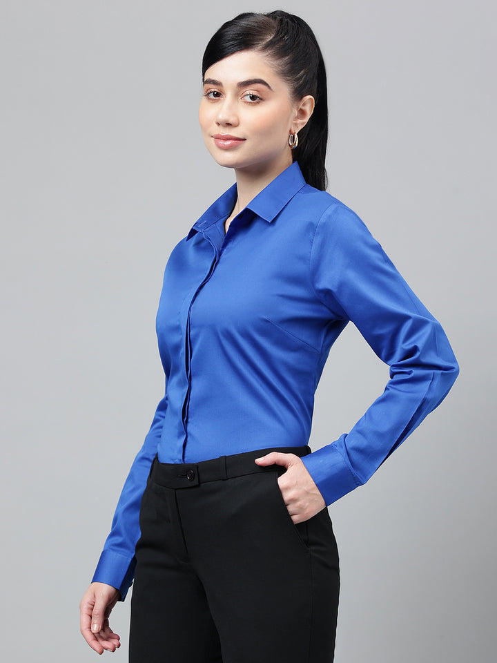 Women Royal Blue Solid Cotton Satin Regular Fit Formal Shirt