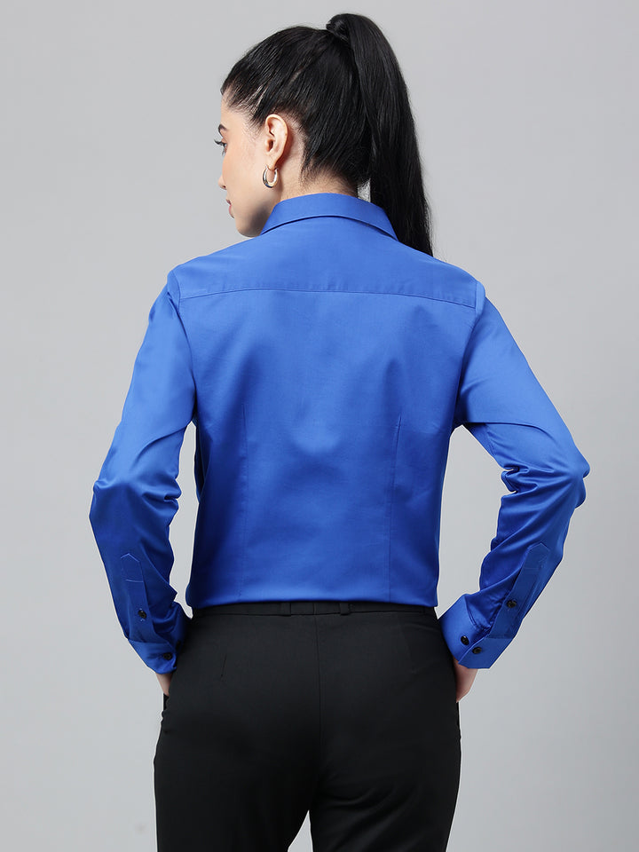 Women Royal Blue Solid Cotton Satin Regular Fit Formal Shirt