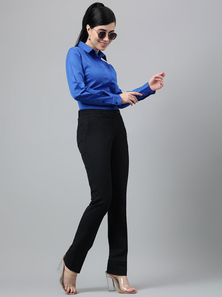 Women Royal Blue Solid Cotton Satin Regular Fit Formal Shirt