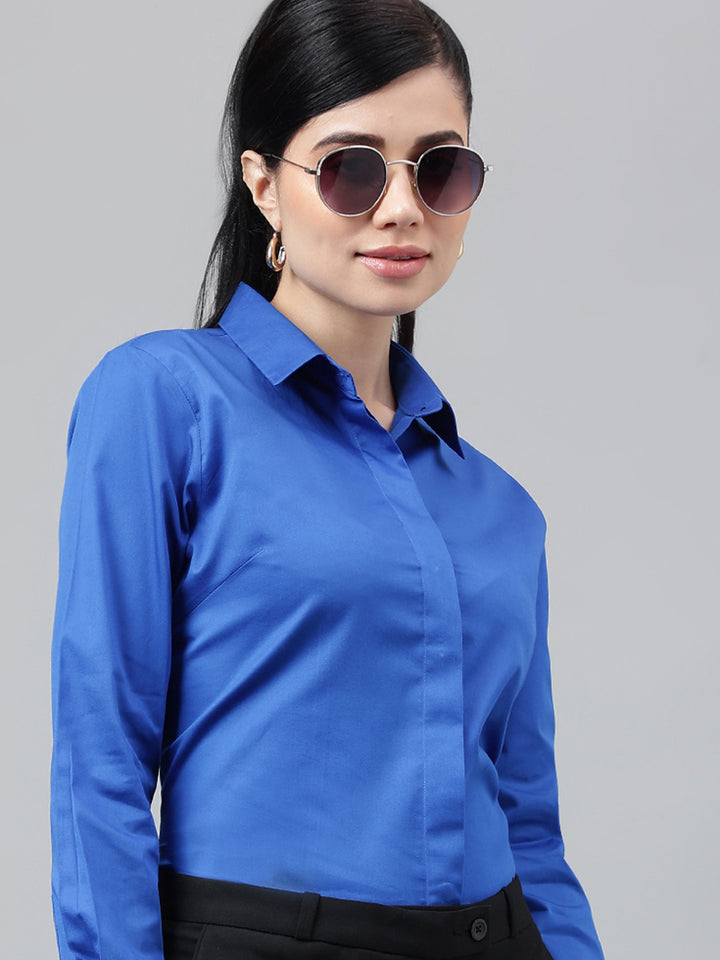 Women Royal Blue Solid Cotton Satin Regular Fit Formal Shirt