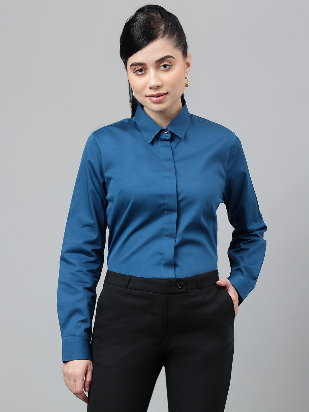 Women Turquoise Solid Cotton Satin Regular Fit Formal Shirt