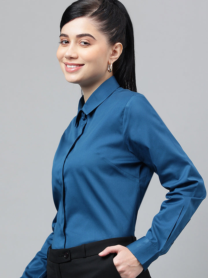 Women Turquoise Solid Cotton Satin Regular Fit Formal Shirt