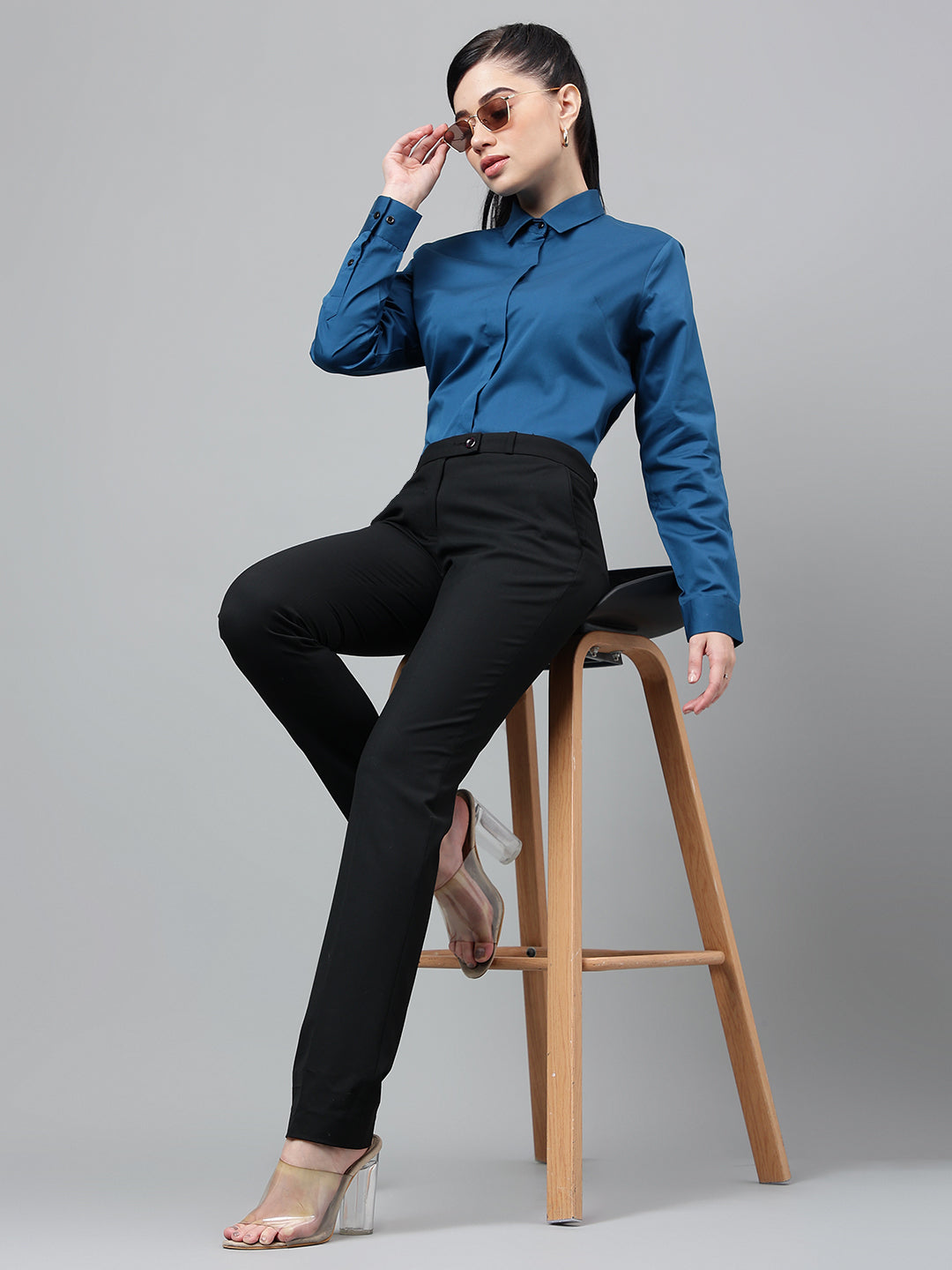 Women Turquoise Solid Cotton Satin Regular Fit Formal Shirt