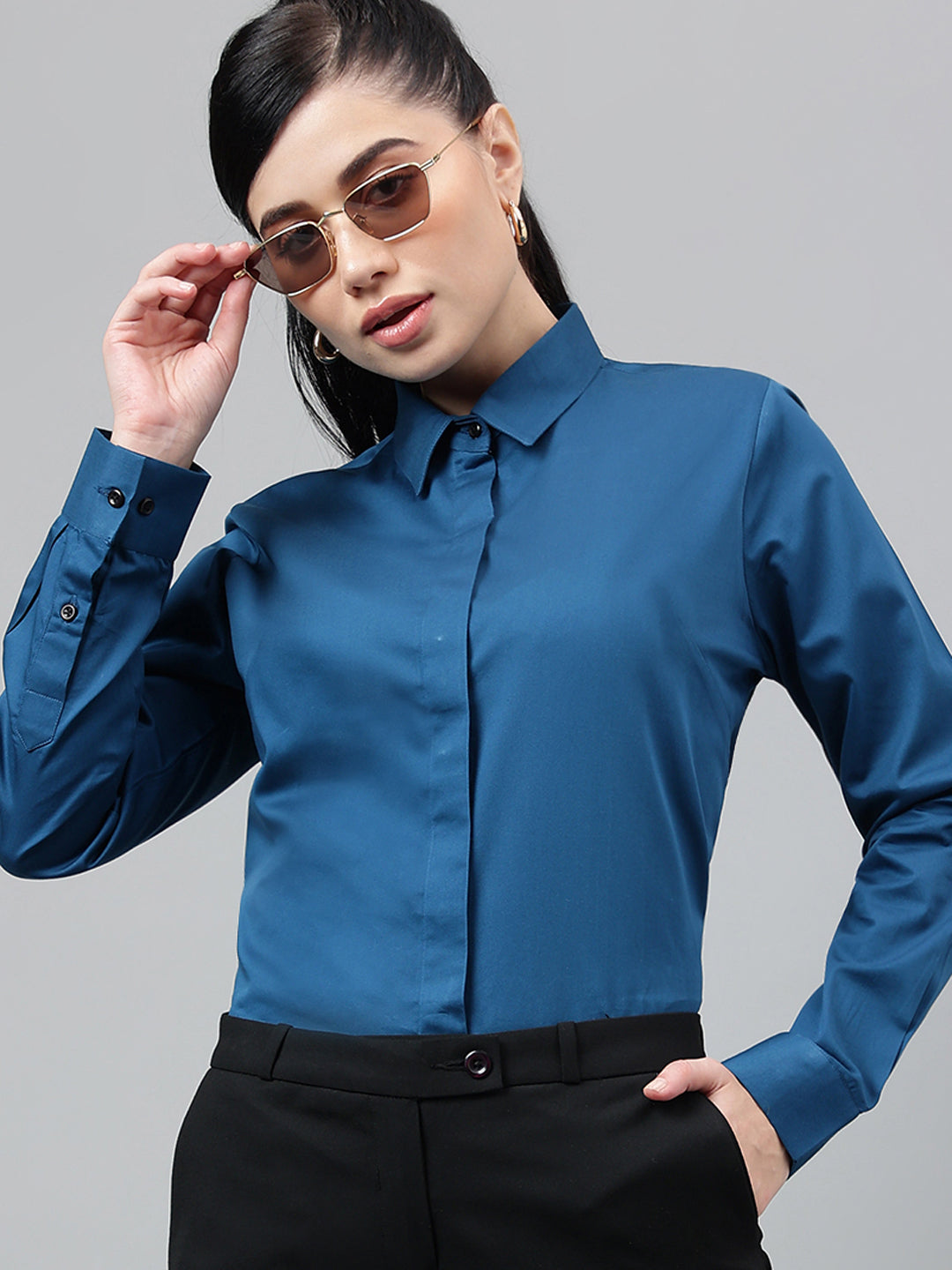 Women Turquoise Solid Cotton Satin Regular Fit Formal Shirt