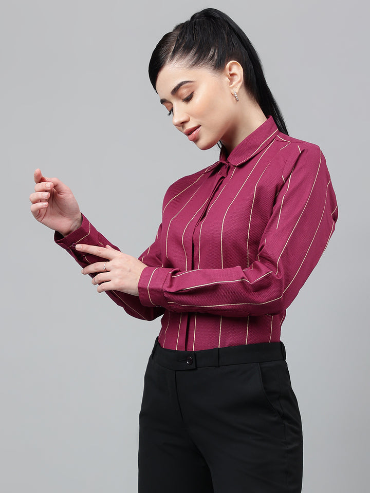 Women Burgundy Striped Pure Cotton Regular Fit Formal Shirt