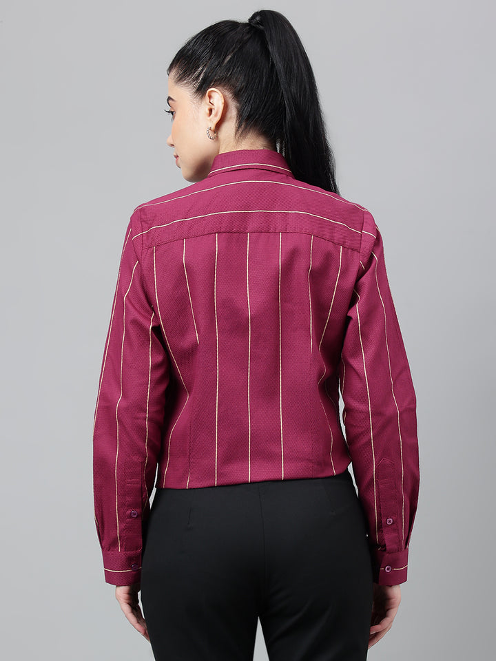 Women Burgundy Striped Pure Cotton Regular Fit Formal Shirt