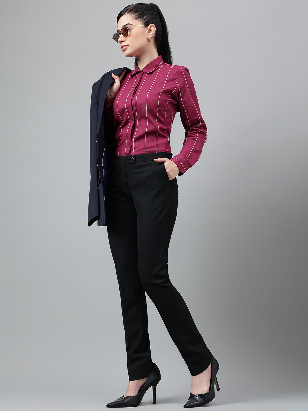Women Burgundy Striped Pure Cotton Regular Fit Formal Shirt