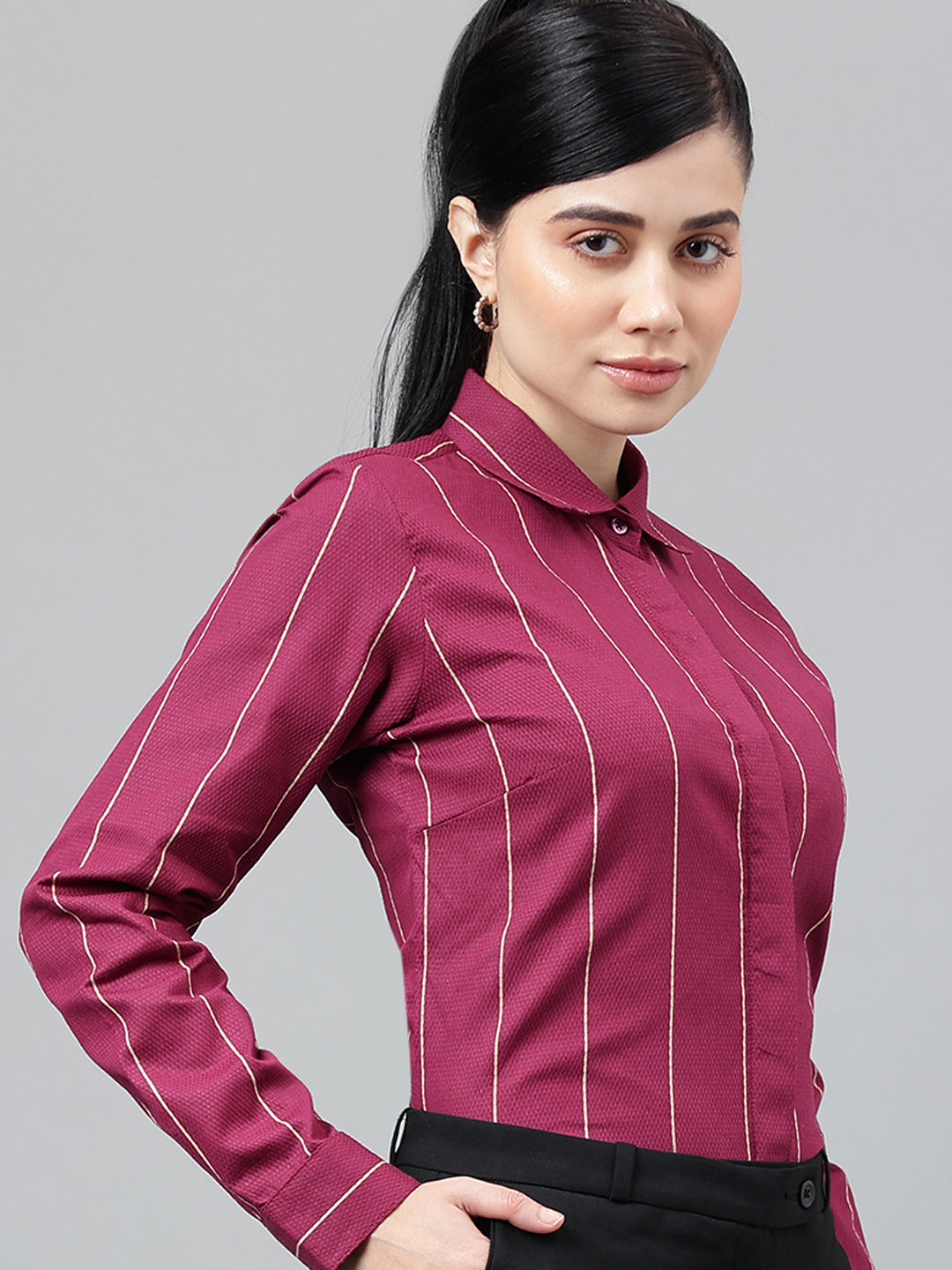 Women Burgundy Striped Pure Cotton Regular Fit Formal Shirt