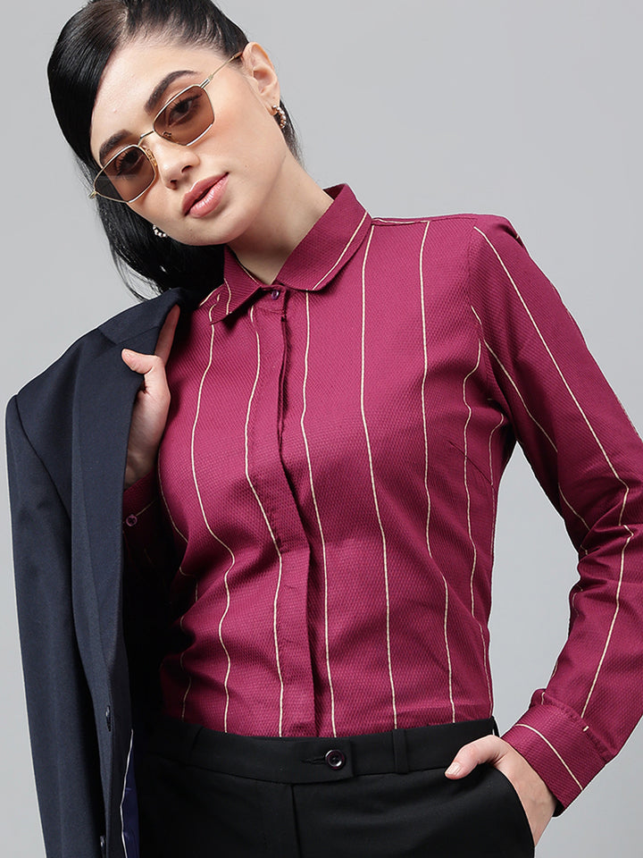 Women Burgundy Striped Pure Cotton Regular Fit Formal Shirt