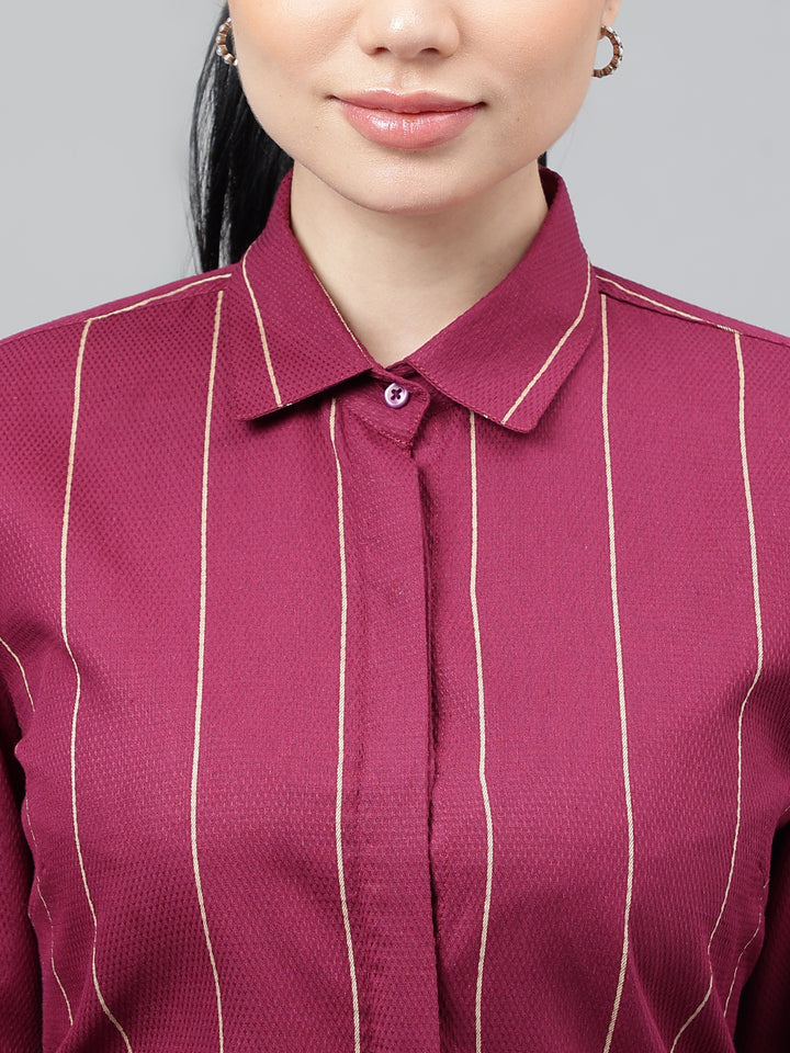 Women Burgundy Striped Pure Cotton Regular Fit Formal Shirt
