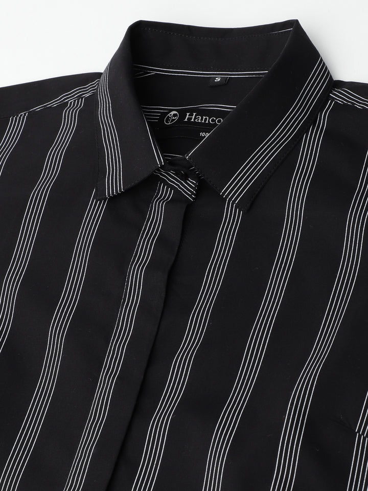 Women Black & White Striped Pure Cotton Regular Fit Formal Shirt