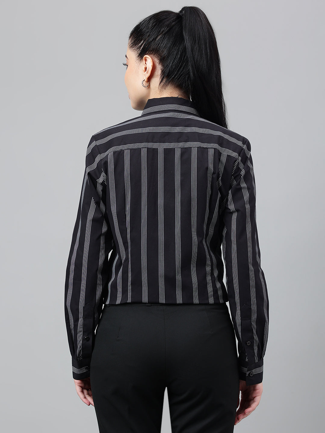 Women Black & White Striped Pure Cotton Regular Fit Formal Shirt