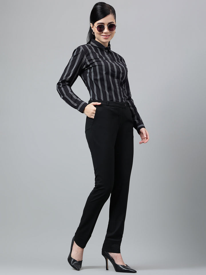 Women Black & White Striped Pure Cotton Regular Fit Formal Shirt