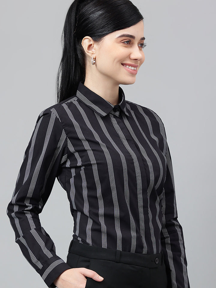 Women Black & White Striped Pure Cotton Regular Fit Formal Shirt