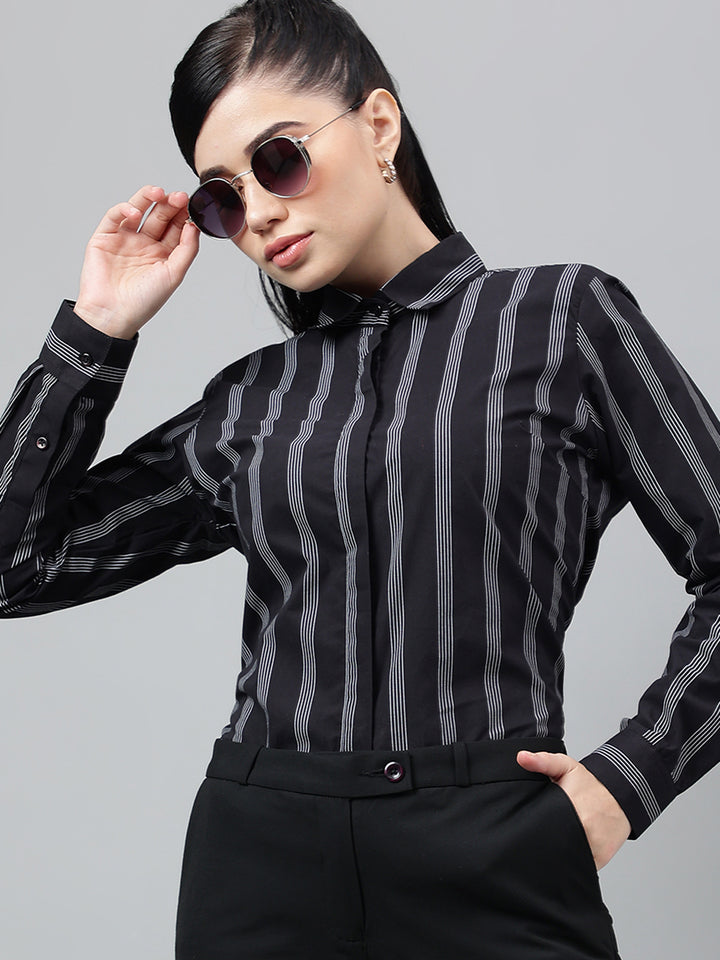 Women Black & White Striped Pure Cotton Regular Fit Formal Shirt