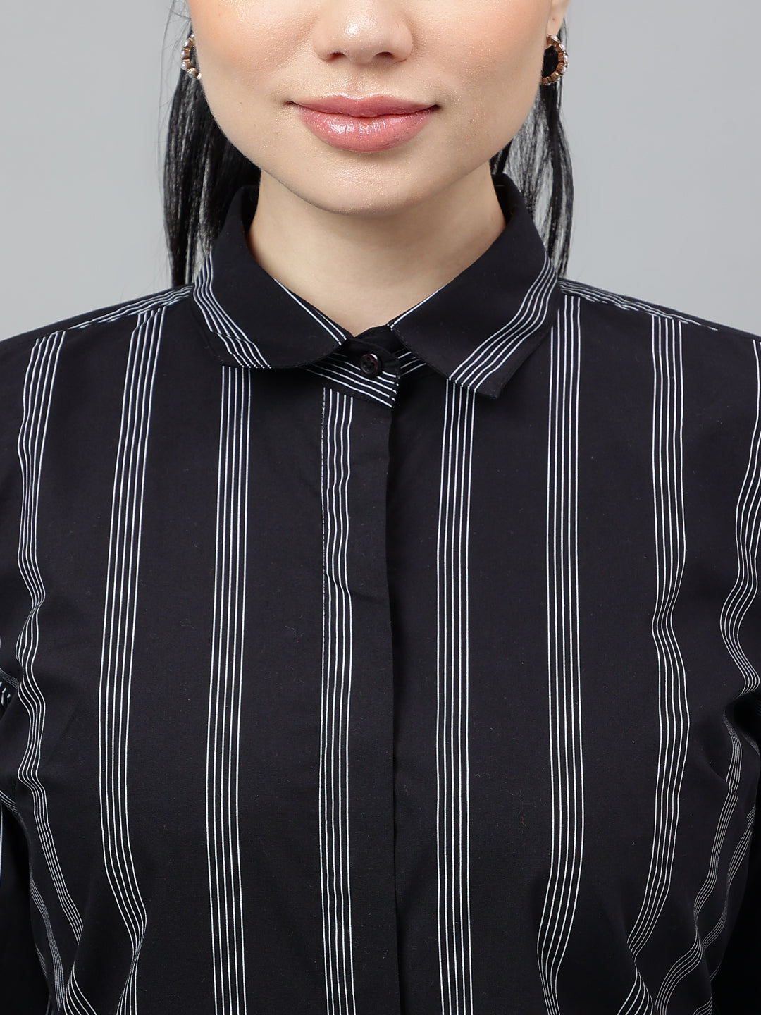 Women Black & White Striped Pure Cotton Regular Fit Formal Shirt