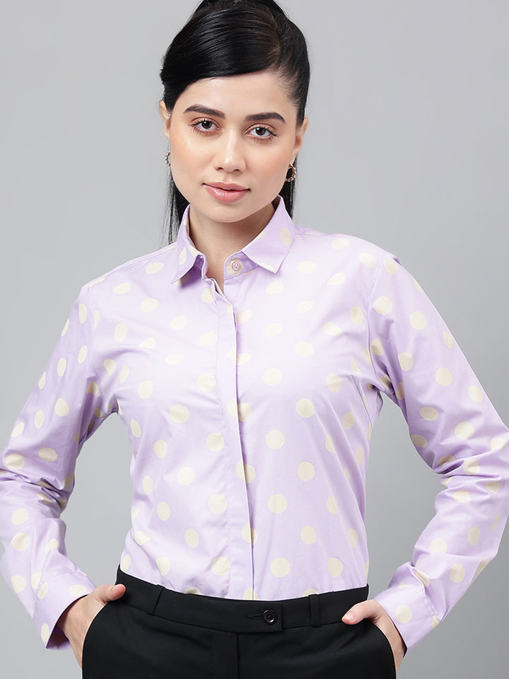 Women Lavender Polka Dot Printed Pure Cotton Regular Fit Formal Shirt