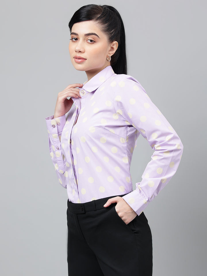 Women Lavender Polka Dot Printed Pure Cotton Regular Fit Formal Shirt