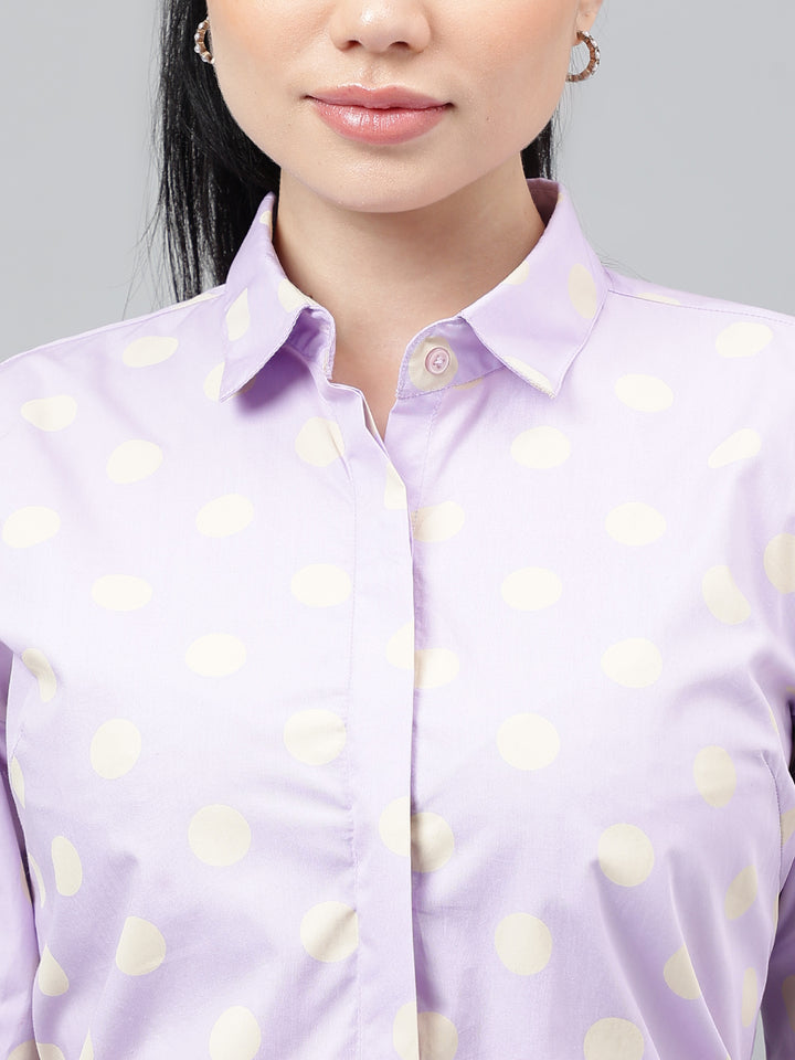 Women Lavender Polka Dot Printed Pure Cotton Regular Fit Formal Shirt