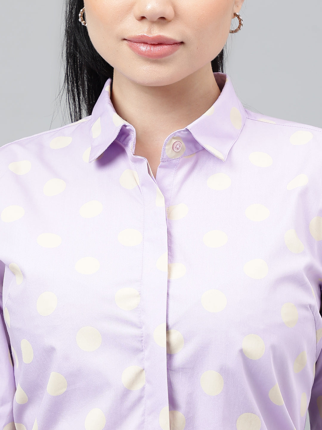 Women Lavender Polka Dot Printed Pure Cotton Regular Fit Formal Shirt