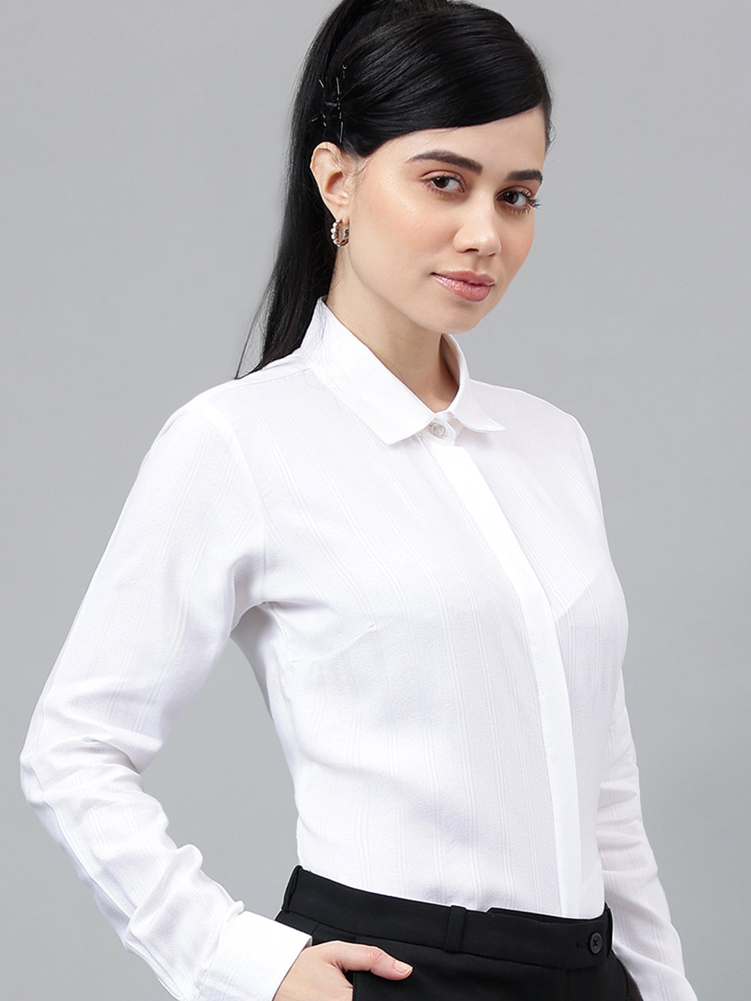 Women White Self Design Viscose Rayon Regular Fit Formal Shirt