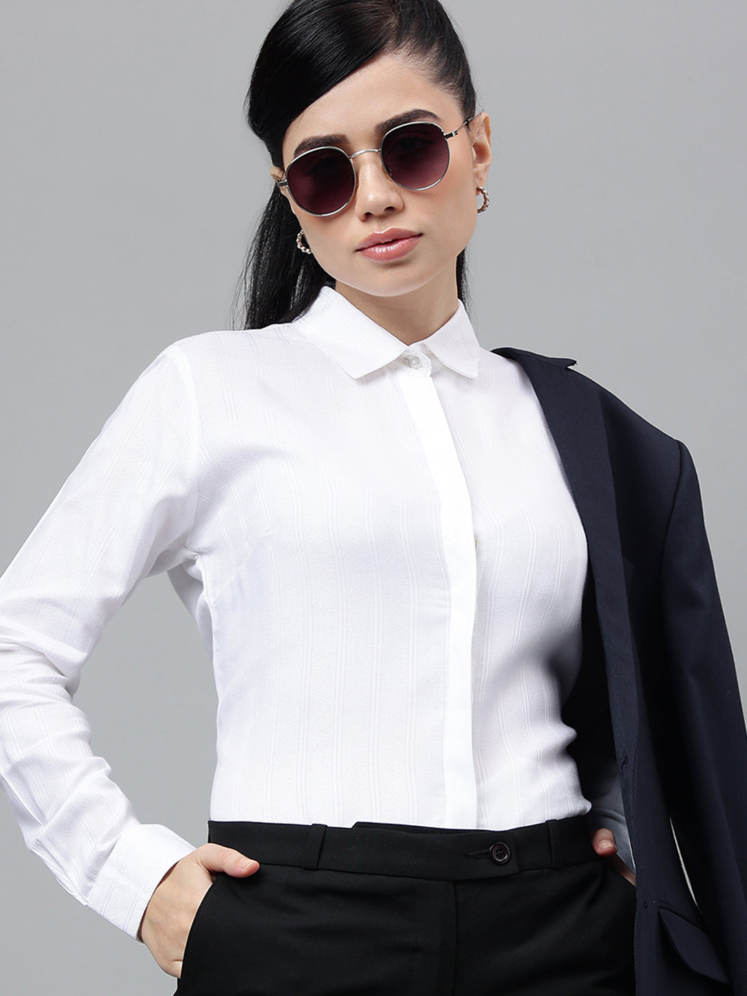 Women White Self Design Viscose Rayon Regular Fit Formal Shirt