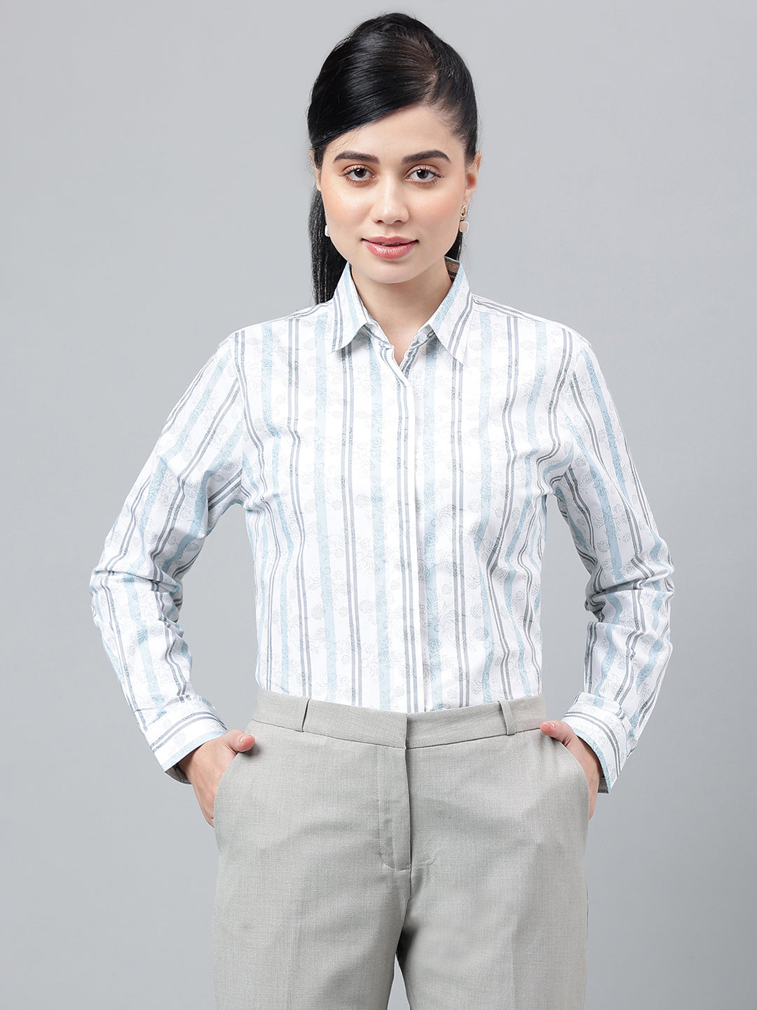 Women White & Blue Floral Stripes Pure Cotton Regular Fit Formal Shirt