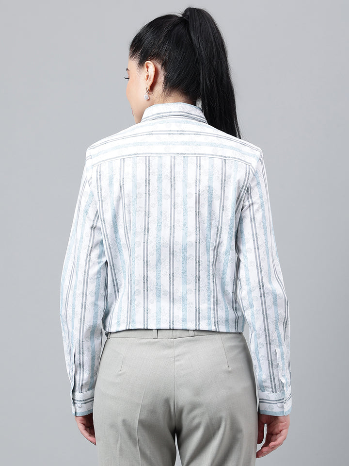 Women White & Blue Floral Stripes Pure Cotton Regular Fit Formal Shirt