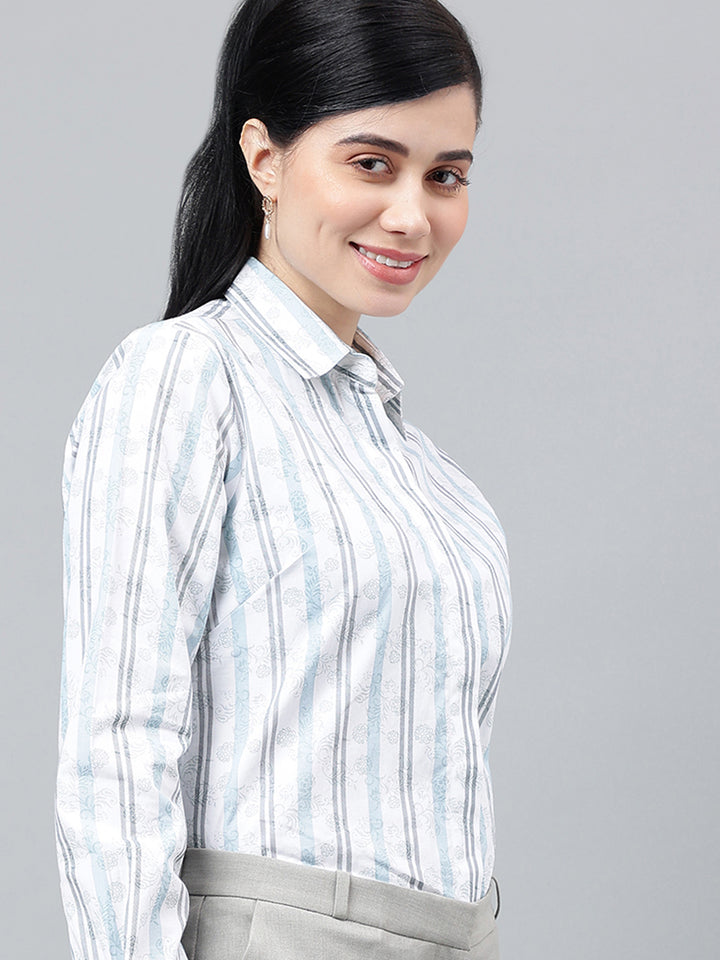 Women White & Blue Floral Stripes Pure Cotton Regular Fit Formal Shirt